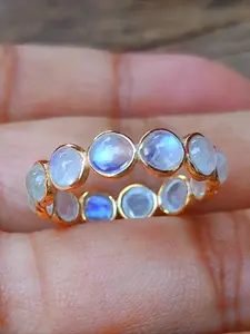 Natural Moonstone Ring Golden Plated - Dainty Blue Light Gemstone Eternity Band for Women, Vintage Fairycore Jewelry Gift Daily Vacation Gift From A Best Friend