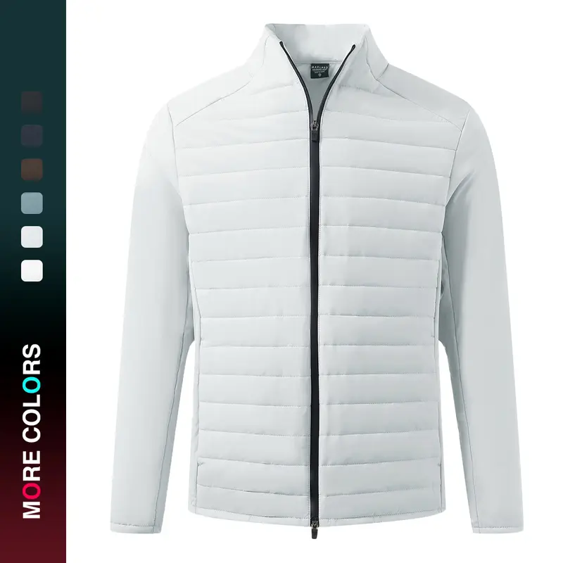 MAELREG Men's Hybrid Quilted Puffer Jacket Ribbed Puffer Full Zip Stand Collar Stretch Lightweight Golf Jacket Winter Outerwear