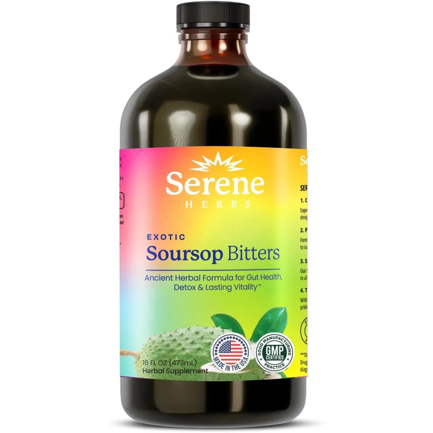 Serene Herbs Soursop Bitters Liquid with Soursop Leaves for Gut Cleanse, Detox & Immune Boost with Black Seed, Moringa, Irish Moss, Ashwaganda, Turmeric, 16 fl oz (16 Fl, Soursop)