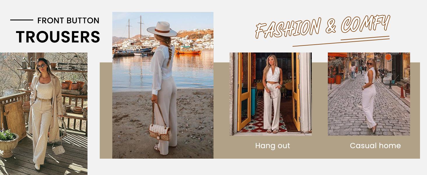 Tanming Women's High Waisted Wide Leg Linen Pants Casual Button Up Cotton Trousers for Summer Loose Comfy Beach Pants