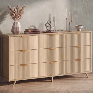 9 Drawer Dresser for Bedroom, 57" Fluted Wooden Chest of Drawers, Modern Media Console & TV Stand for 35/45/55 Inch TV, Large Storage Organizer Cabinet with Reinforced Base