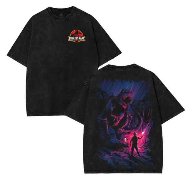 Men's Jurassic Park T-Rex Print T-Shirt - Unisex Classic Oversized Vintage Washed Short Sleeve, Distressed Crewneck, Soft Fabric Streetwear Top with Roar Vibe (Pre-Theater Release), Menswear, Retro, Neon Pink Glow, Tshirt, Shortsleeve, Casual, Soft Cotton
