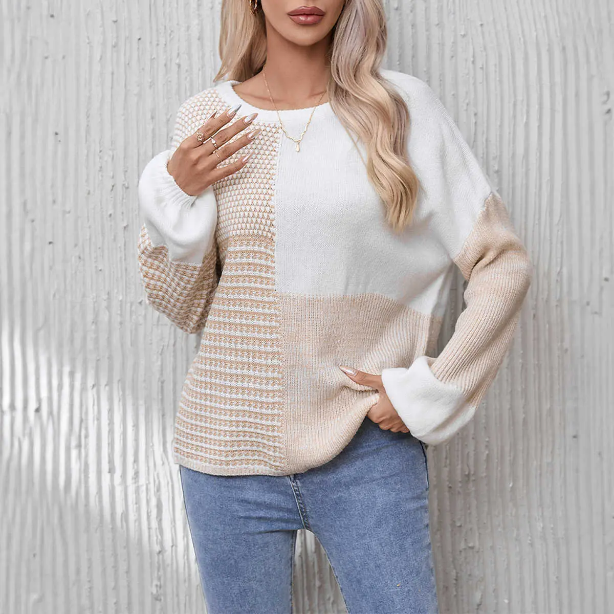 Oatmeal Mixed Pattern Knit Tie Keyhole Drop Shoulder Sweater