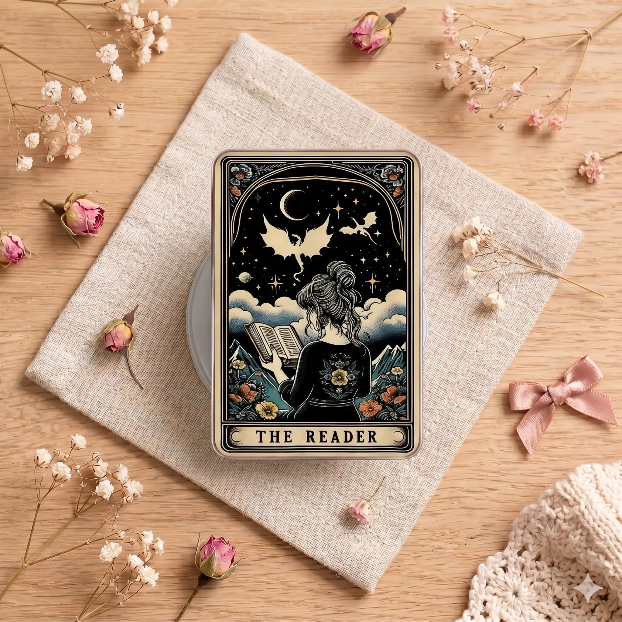 Magnetic Phone Grip The Reader Tarot Card MagSafe Griptok Fantasy Romance Dragon Bookish Phone Holder Stand Gothic Witchy Kindle Magnet Accessory