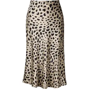 Womens Leopard Print Skirt Midi Long Length Silk Satin High Waist Elastic Skirts