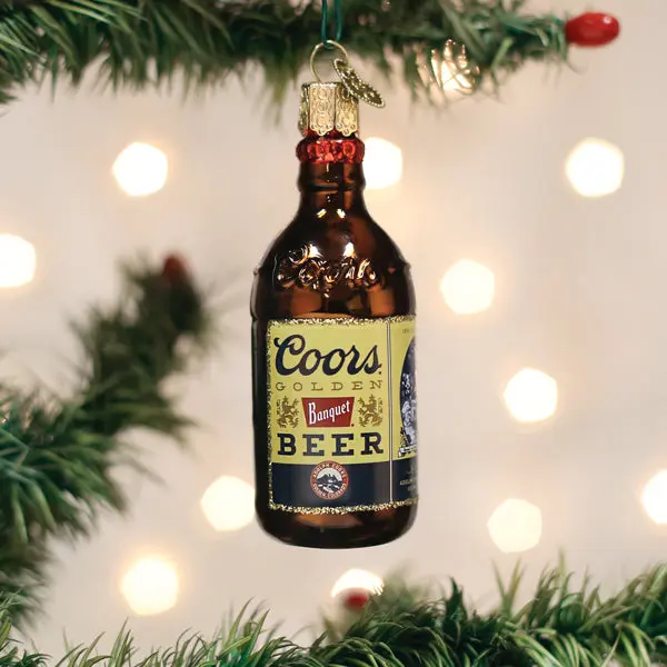 Coors Banquet Glass Bottle Ornament, Cylindrical Small Size Decor with Beer Label, Festive Home Supply for Adults