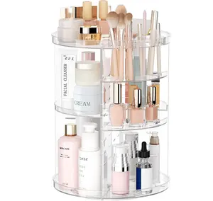 Rotating Makeup Organizer, Cosmetic Display Case with Brush Holder Perfume Tray, DIY 8 Adjustable Layers Spinning Skincare Organizer, Multi-Function Storage Carousel for Vanity Bathroom Countertop