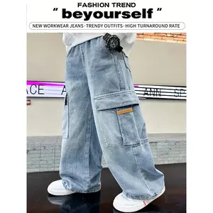 [Street Style Cargo Jeans] Cotton Blend Denim Boys' Fashion Street Style Cargo Jeans|       Non-Stretch, Solid Color, Loose Fit, with Multiple Pockets, Elastic Waist, for Casual Weekend Wear, All-Season Long Pants