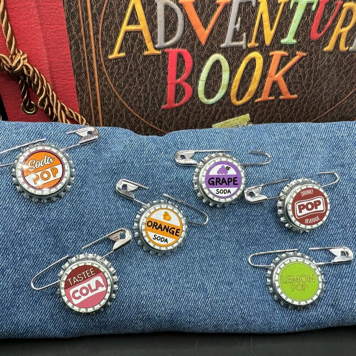 Ellie Soda Pin Set - Grape, Orange, Cola, Lemon & More - Bottle Cap Pins for Badges
