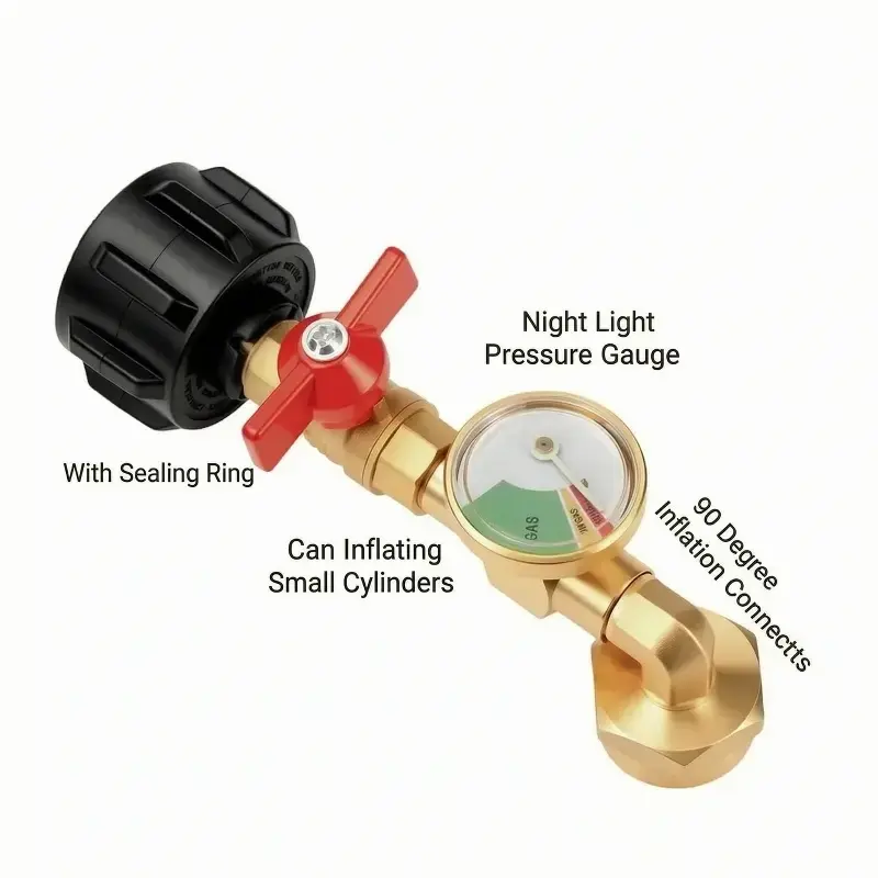 Solid Brass Propane Filling Adapter with Valve + Gauge, Gas Tank Gauge, Night Light Display - Refill 1 lb Cylinders from 20 lb Tank, Easy-to-Use Tools & Hardware Pipe Fitting, Refill Cylinders