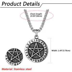 OIDEA Men's Viking Style Necklaces, Stainless Steel Double-Sided Round Pendant with Nordic Pentagram Rune Compass, Silver Black Finish