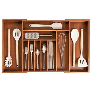 Premium Silverware, Flatware and Utensil Organizer for Kitchen Drawers, Food-Safe Contract Grade, Expandable from 16 to 28 In, Natural Acacia