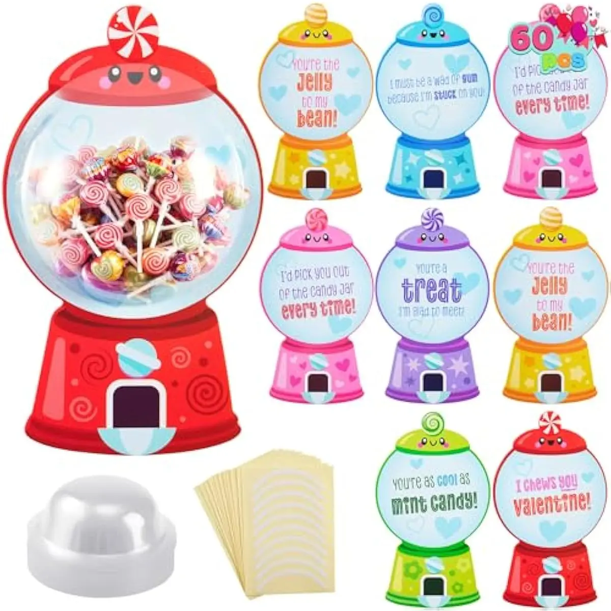 60 Pcs Valentines Day Candy Dispenser Cards with Craft Treat Holders, 6.5'' Valentine Card with 6 Gumball Machine Designs for Kids DIY Classroom Exchange Gifts School Rewards Party Supplies.