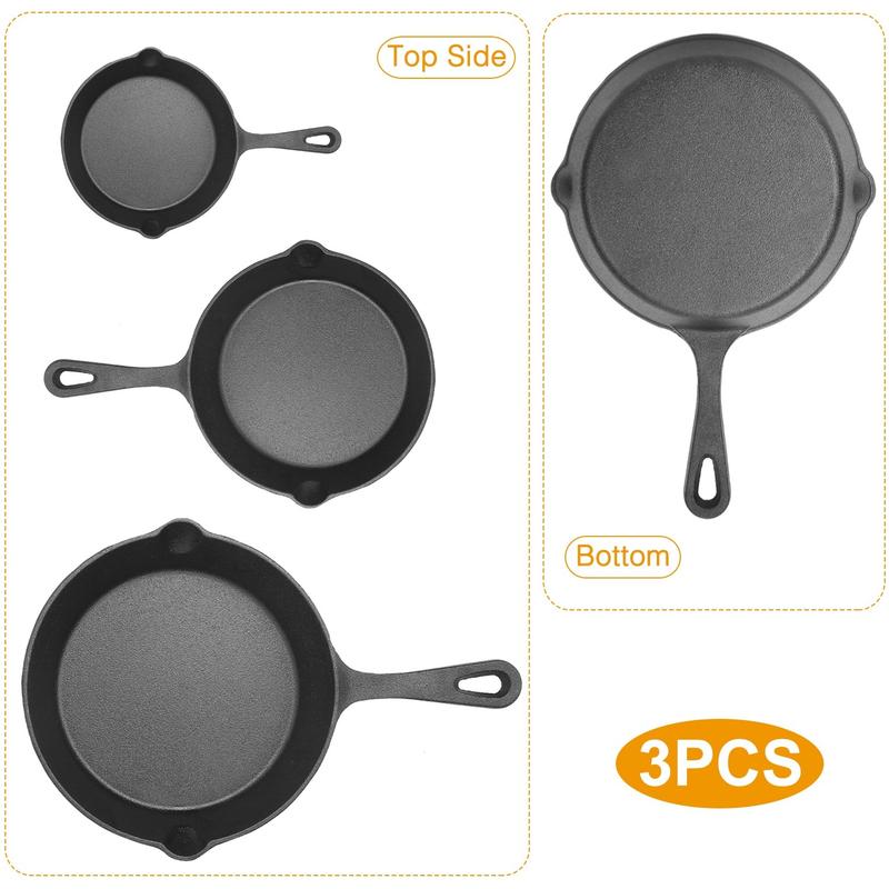 3Pcs Pre-Seasoned Cast Iron Skillet Set 6/8/10in Non-Stick Oven Safe Cookware Heat-Resistant Frying Pan Bake Induction