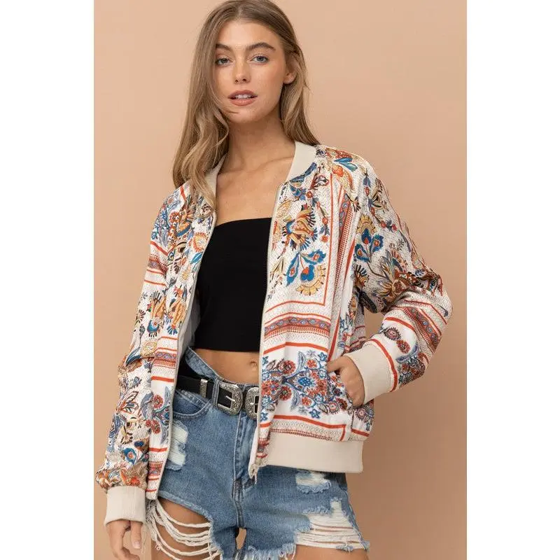 Reversible Bomber Jacket for Women, Casual Paisley Print Satin Fabric Outerwear with Long Sleeves and Full Zipper