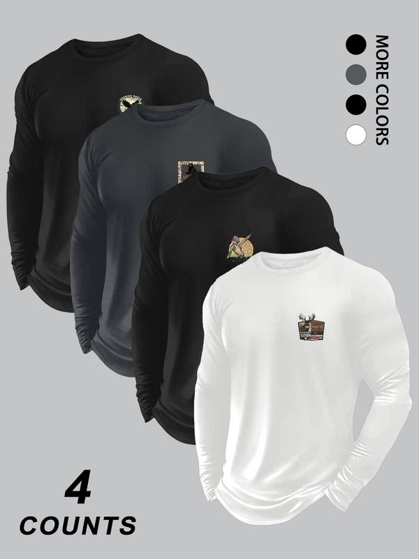 Men's Fashion Camo Animal Print Long Sleeve Round Neck T-Shirt Set, Comfortable Stretch Fabric, Perfect for Spring & Fall Sports Outdoor Activities, Athletic Sports Clothing