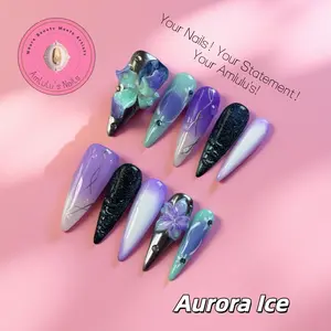 Amlulu's Nails AURORA ICE Elegant  10PCS Handmade Press On Nails REUSABLE 3D Gel fake nails acrylic press nails / LATEST 2025