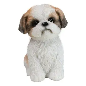 Adorable Lifelike Shih Tzu Puppy Dog Sitting Figurine with Glass Eyes Home Decor