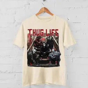 Thug Life Horror Graphic T-Shirt, Vintage Slasher Character Tee, Halloween Streetwear Shirt, Retro Scary Movie Graphic Tee for Men Women