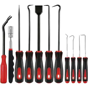 11 count  Carbon Steel Precision Hook and Pick Set, Gasket Scraper Hoses Puller Remover Hand Pickup Tool,  Telescoping Tool Kit for Automotive  Maintenance (Red)