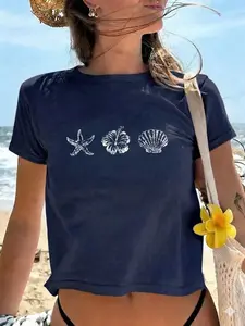 Ember x Summer New Fashionable Versatile Casual Shell & Starfish Beach Print Round Neck Short Sleeve T-Shirt For Women Vacation