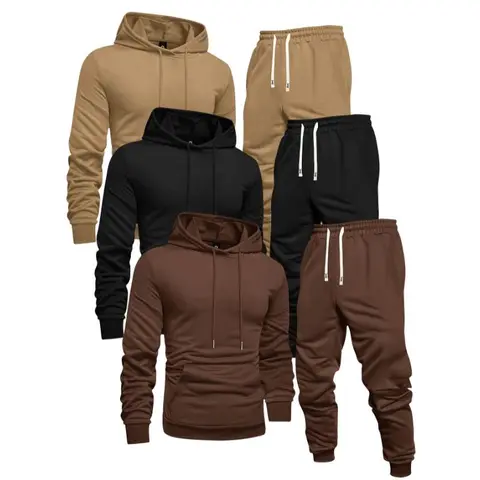3-Pack Men'S Casual Sports Hoodie and Sweatpants Set, Solid Color, Long Sleeve Pullover with Pocket, Knit Polyester, Slight Stretch, Regular Fit, Elastic Waist with Drawstring, Ribbed Cuff Pants - Spring/Fall Athletic Outfit Clothing Fabric