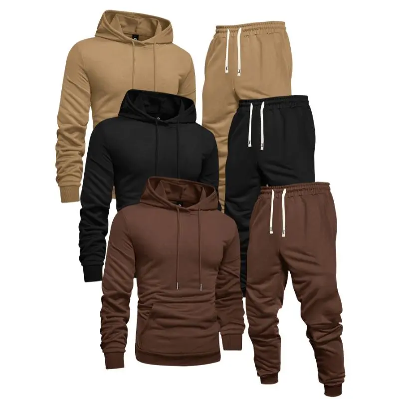 3-Pack Men'S Casual Sports Hoodie and Sweatpants Set, Solid Color, Long Sleeve Pullover with Pocket, Knit Polyester, Slight Stretch, Regular Fit, Elastic Waist with Drawstring, Ribbed Cuff Pants - Spring/Fall Athletic Outfit Clothing Fabric