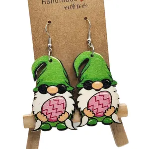 Irish Gnome Wooden Cute Easter Earrings - Adorable Hook Earrings for Easter Celebrations & St. Patrick's Day Festive Wear