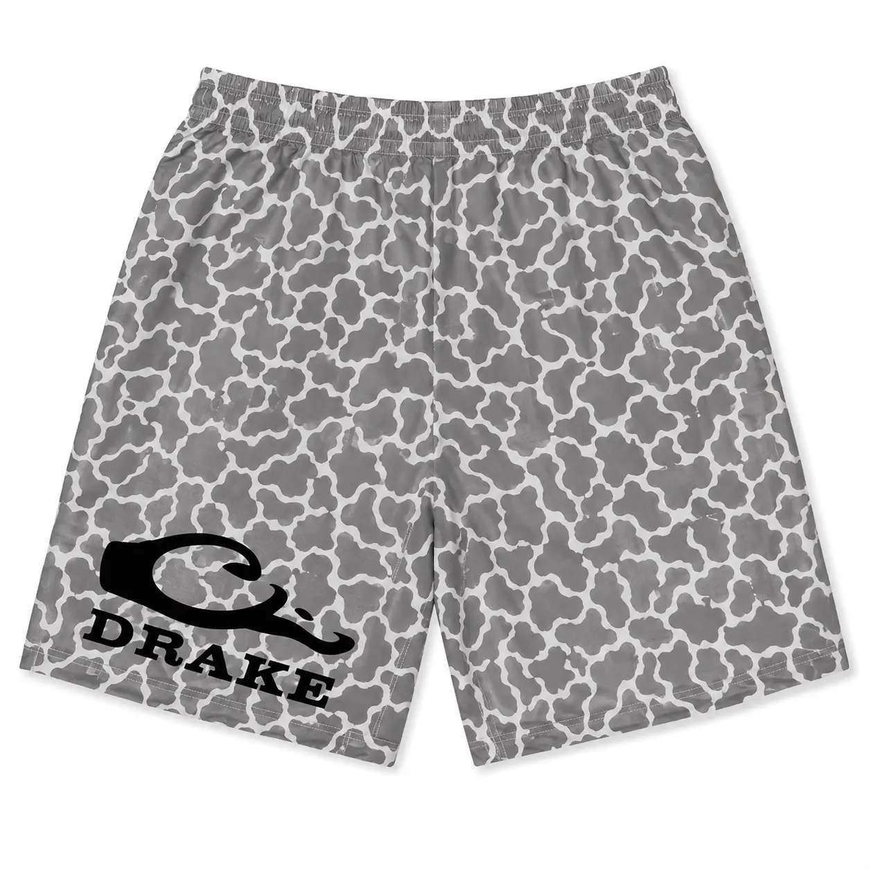 Men's Gray Snow Camo Athletic Shorts with Drake Graphic, Lightweight Quick Dry Performance Shorts, Elastic Waist Breathable Summer Activewear for Hunting, Fishing, Hiking, Beach, Gym, Outdoor Sports, Casual Comfort Camouflage Design