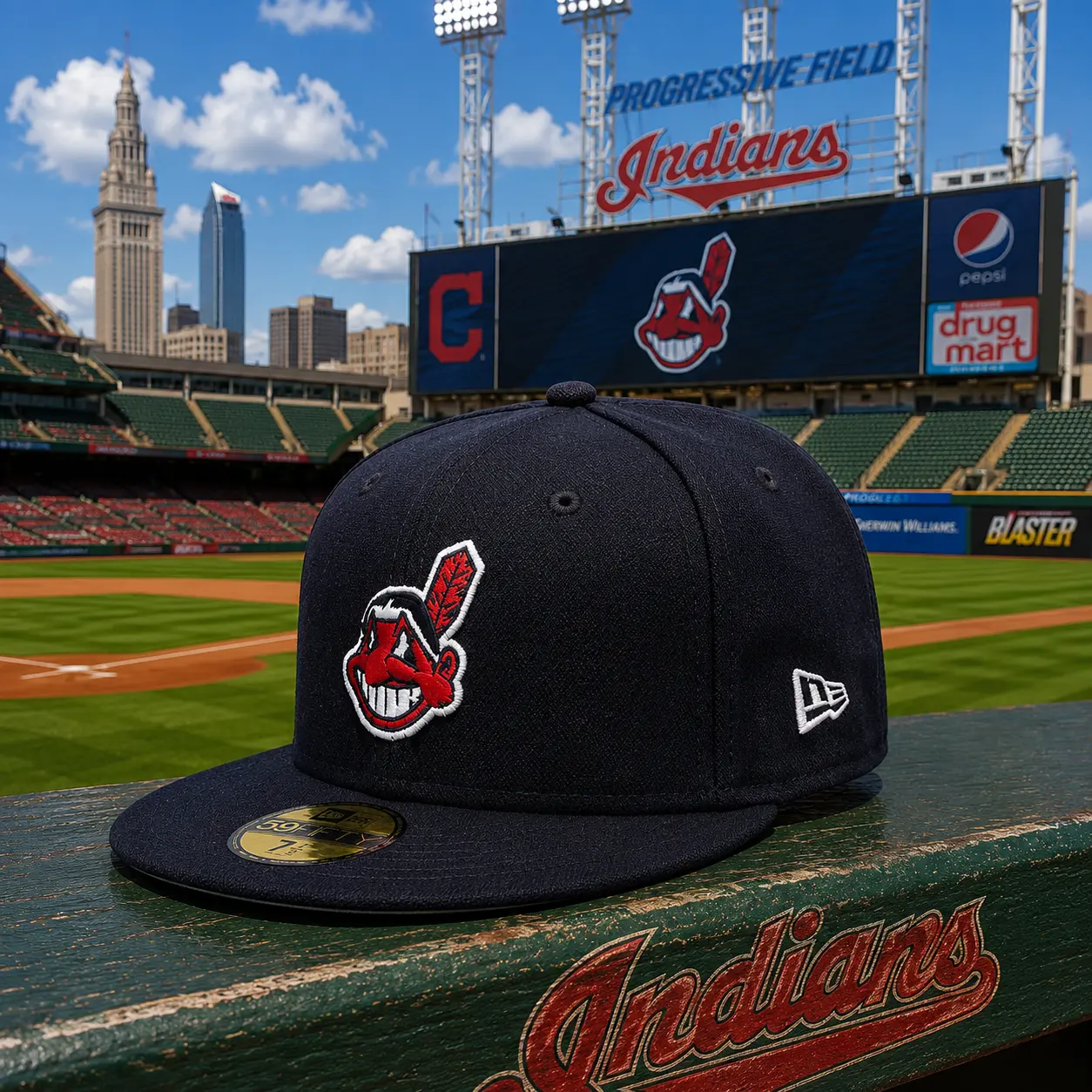 2026 Cleveland Indians New Era 59FIFTY Fitted Hat – Road Collection Chief Wahoo Classic MLB Flat Brim Cap