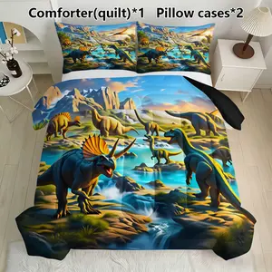 Jurassic Dinosaur Quilt Set, Includes 1 Quilt and 2 Pillow Covers, Features T-Rex and Triceratops Design, Perfect for Kids' Bedroom Decor