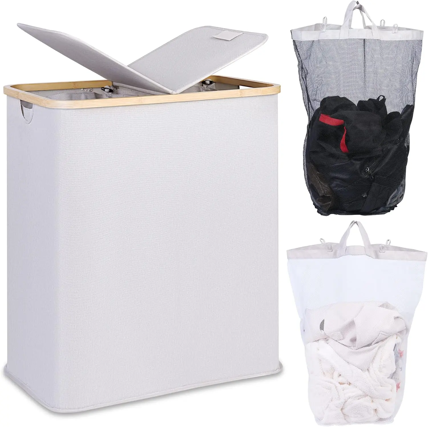 Laundry Hamper with Lid, Double Laundry Hamper with 2 Removable Bags, 2 Section Laundry Basket with  Handles for Bathroom, Bedroom & Laundry Room, 140L (36.9 Gallon) Light Grey