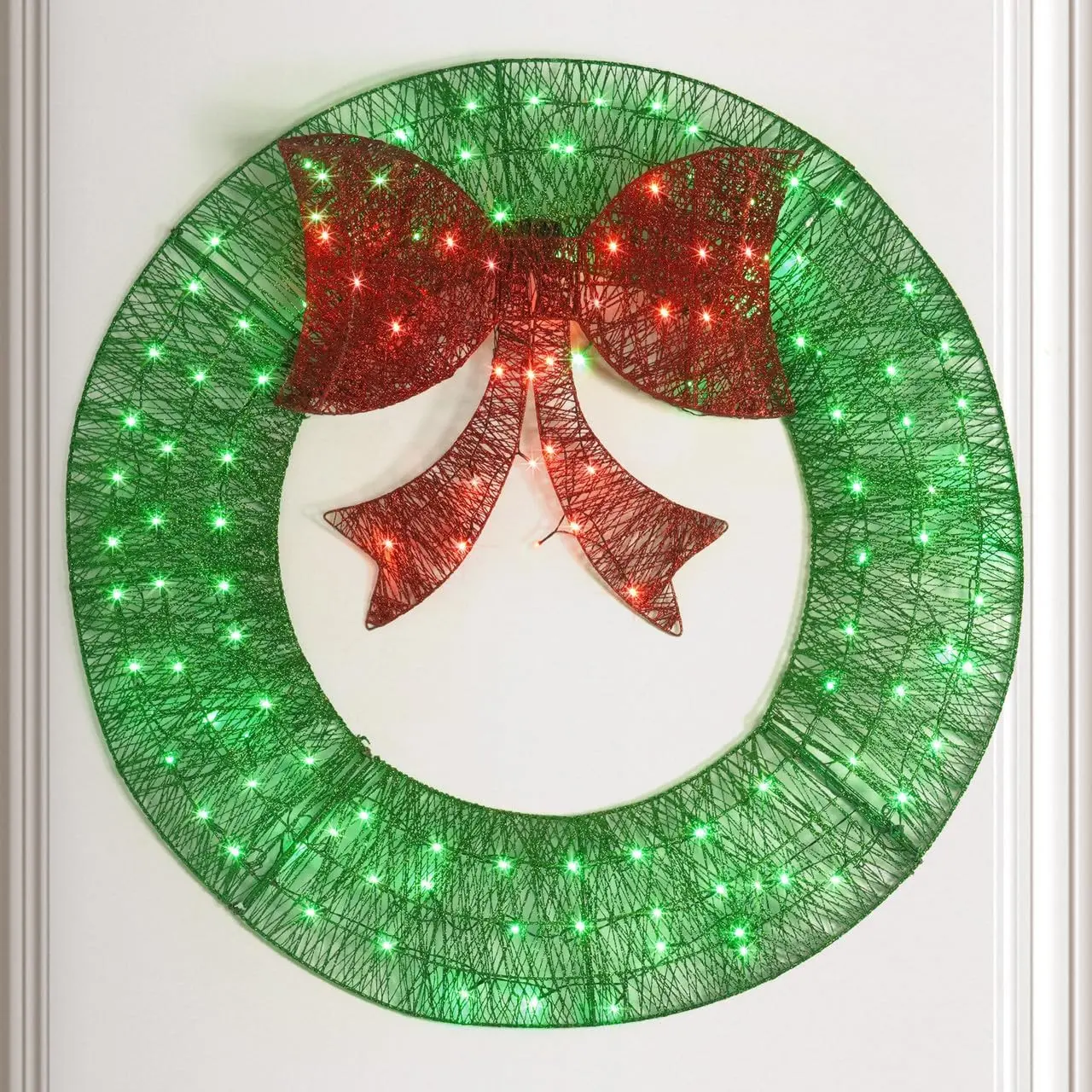 CAPHAUS 47.2” Lighted Metal Christmas Wreath, 4 FT Foldable Christmas Reef with 140 LED Lights, Bow, Metal Frame, 8 Light Modes, Christmas Holiday Decoration for Indoor, Home, Office, Green/ Gold