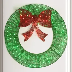 CAPHAUS 47.2” Lighted Metal Christmas Wreath, 4 FT Foldable Christmas Reef with 140 LED Lights, Bow, Metal Frame, 8 Light Modes, Christmas Holiday Decoration for Indoor, Home, Office, Green/ Gold