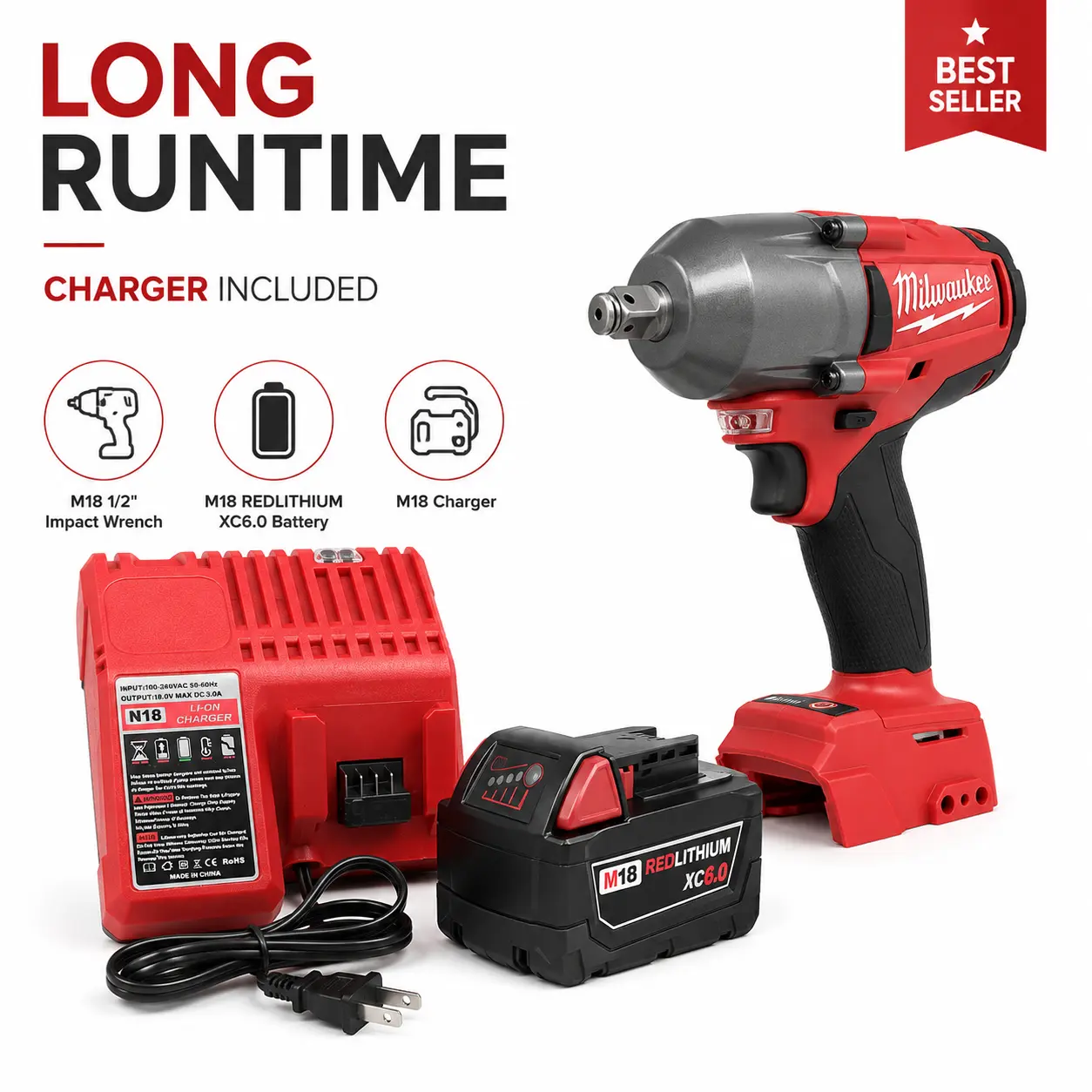 Milwaukee 18V 900N.M Cordless Electric Wrench Brushless Impact Wrench for Woodworking & Construction with 12.0Ah Battery and LED Work Lights Rechargeable High Torque