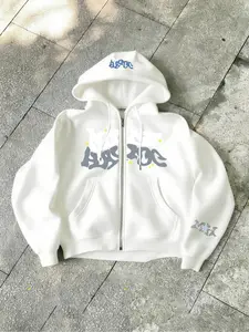 Doodle Star Pattern Affirmation Zip Hoodie, Loose Soft Hooded Sweatshirt, Casual Street Style for Daily & Home Wear, Fall&winter Fashion