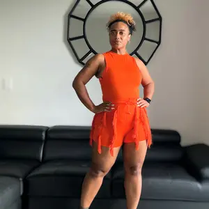 Orange Bodysuit and Fringe Detailed Short Set