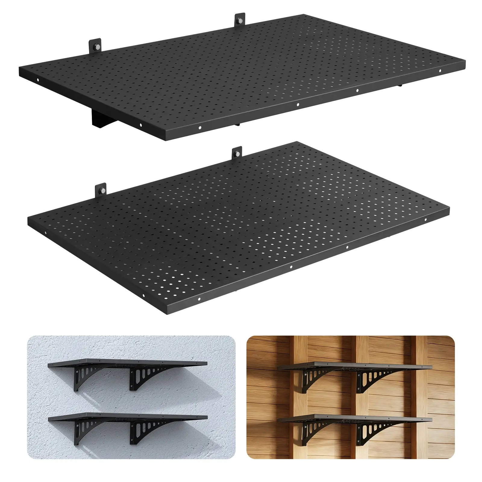 VEVOR 2-Tier Heavy Duty Metal Pegboard Rack, 2x3 ft Wall-Mounted Garage Shelving Set, 12x72 in Per Shelf Floating Storage, 560 lbs Total Capacity, Black Installation Kit