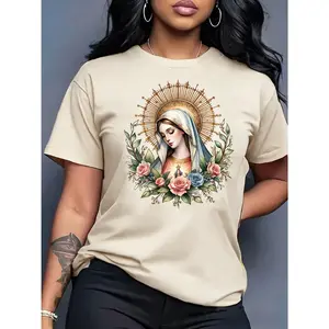 100% pure cotton women's short-sleeve top, featuring a floral pattern of the Virgin Mary, round neck design, machine washable, comfortable, soft, breathable, loose-fitting, casual, stylish, trendy, and versatile
