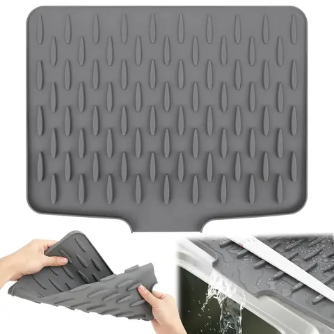 12.6in*10in Rectangular Food-Grade BPA-Free Silicone Draining Mat - Anti-Slip, Raised Stripes Fast Drainage, No-Spill, Heat-Resistant Roll-Up Countertop Slope Mat for Kitchen Sink, Grey