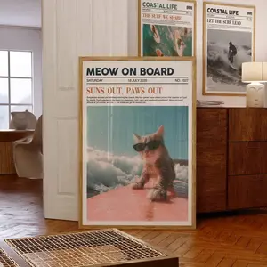 Surfing Cat Newspaper Print, Surf Poster, Trendy Newspaper Print, Coastal Wall Art, Beachy Room Decor, Funny Cat Poster, Printable Wall Art