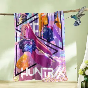 Comfortable Flannel Blanket, Kpop Demon Hunters Theme, Geometric Pattern, Blue, Ideal for Living Room and Camping, Perfect Gift