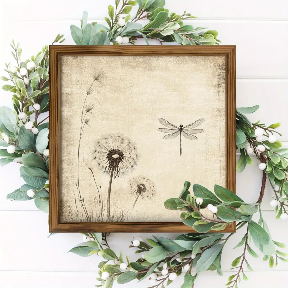 A Vintage Dragonfly And Dandelion Grassland Wall Art Piece - Rustic Style Reclaimed Wood Frame Measuring 8X8 Inches, Perfect for Decorating Living Rooms, Bedrooms, Or Offices. No Electricity Needed for Easy Hanging, Featuring Dragonfly Decor