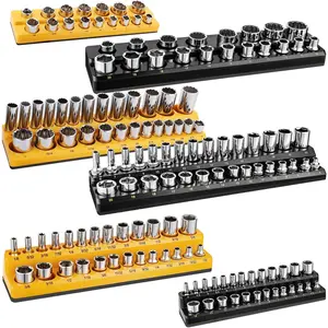 Socket Organizer for Tool Box Drawer, 6pc 143 Metric & SAE Magnetic Socket Holder, 1/4", 3/8", 1/2" Drive Socket Tray Set, Magnetic Socket Organizer