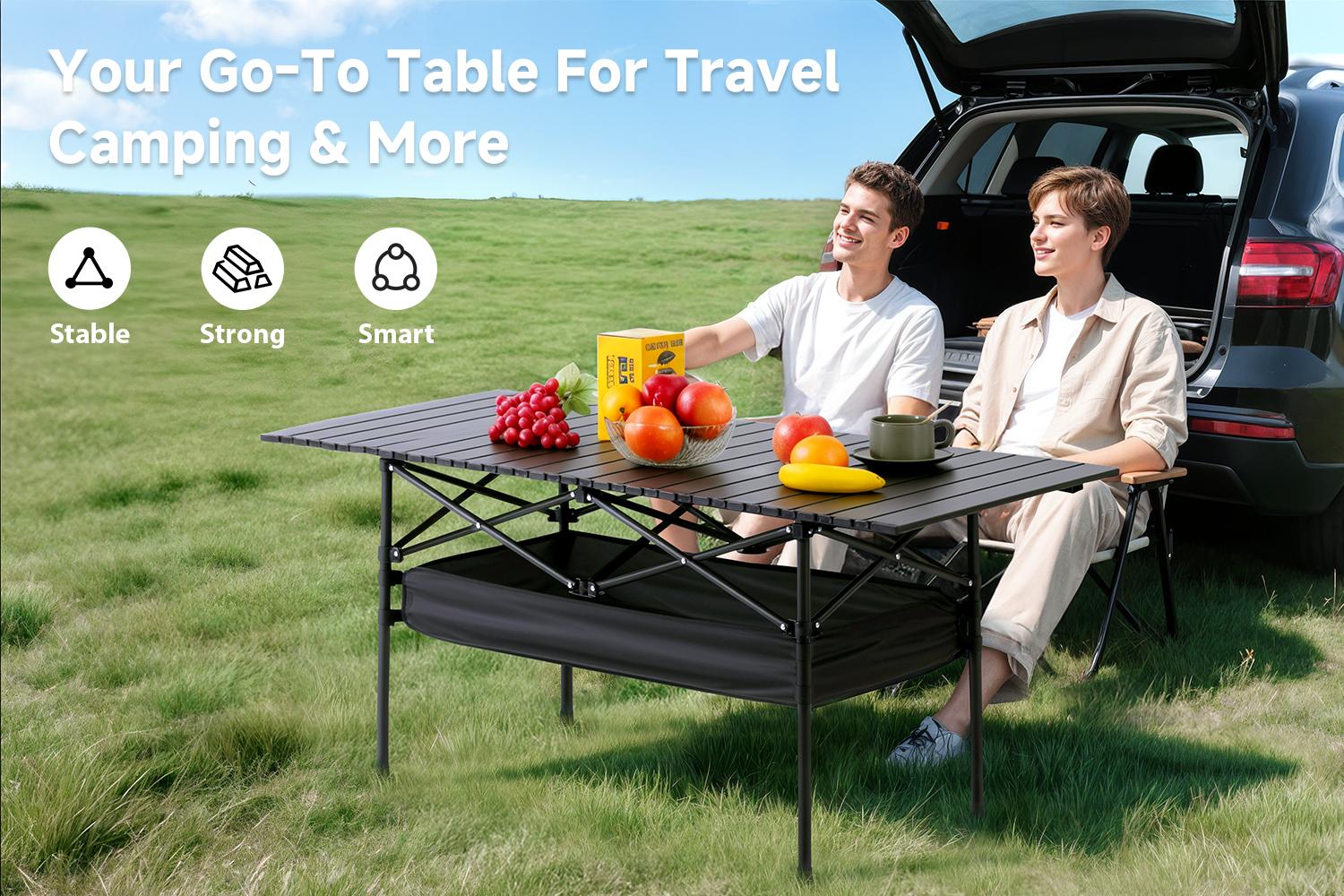 Senmeo Foldable Outdoor Camping Table Height Adjustable, with Mesh Storage Bag And Carrying Bag, Portable Aluminum Rolling Table for Indoor, Outdoor, Camping, Beach, Backyard, Barbecue, Party, Patio, Picnic-Easy to Store