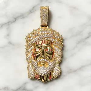 M3-2393 Premium Gold Tone Blood Jesus Iced Out Pendant, Must-Have Accessory For Drill & Hip Hop Fans