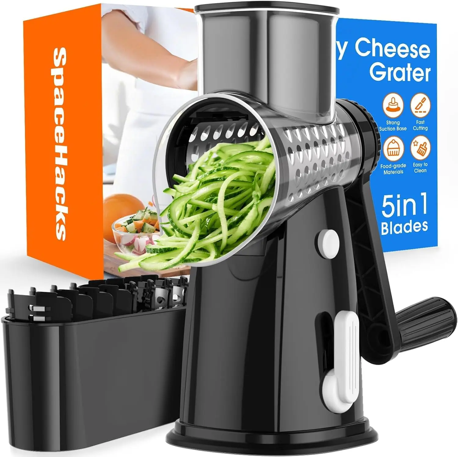 Rotary Cheese Grater Hand Crank, 5-in-1 Vegetable Shredder Chopper Spiralizer Slicer with 5 Interchangeable Blades for Vegetable, Cheese, Fruit, with Blades Storage Box & Stable Suction Base (Black)