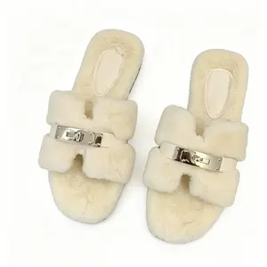 Women's Cream Fuzzy Fur Slide Slippers - Soft Open-Toe Indoor & Outdoor Fluffy Sandals with Silver Metal Buckle, Cozy Loungewear Slides for Home, Bedroom, Casual Wear, Winter Warm Plush House Shoes