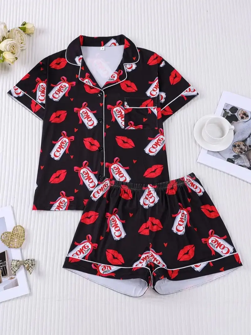 1 Set "Soda & Kisses" Valentine’s Day Pajama Set, Romantic Sleepwear, Soft Cotton Fabric, Sweet and Playful Design, Perfect for Women to Celebrate Valentine’s Day or Relax at Home