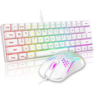 60% Mini Gaming Keyboard and  Combo, Lightweight, Ultra-Compact 61  RGB Backlit,7200 DPI Honeycomb Optical , Wired Gaming Set for PC  PS5  Gamer(White)